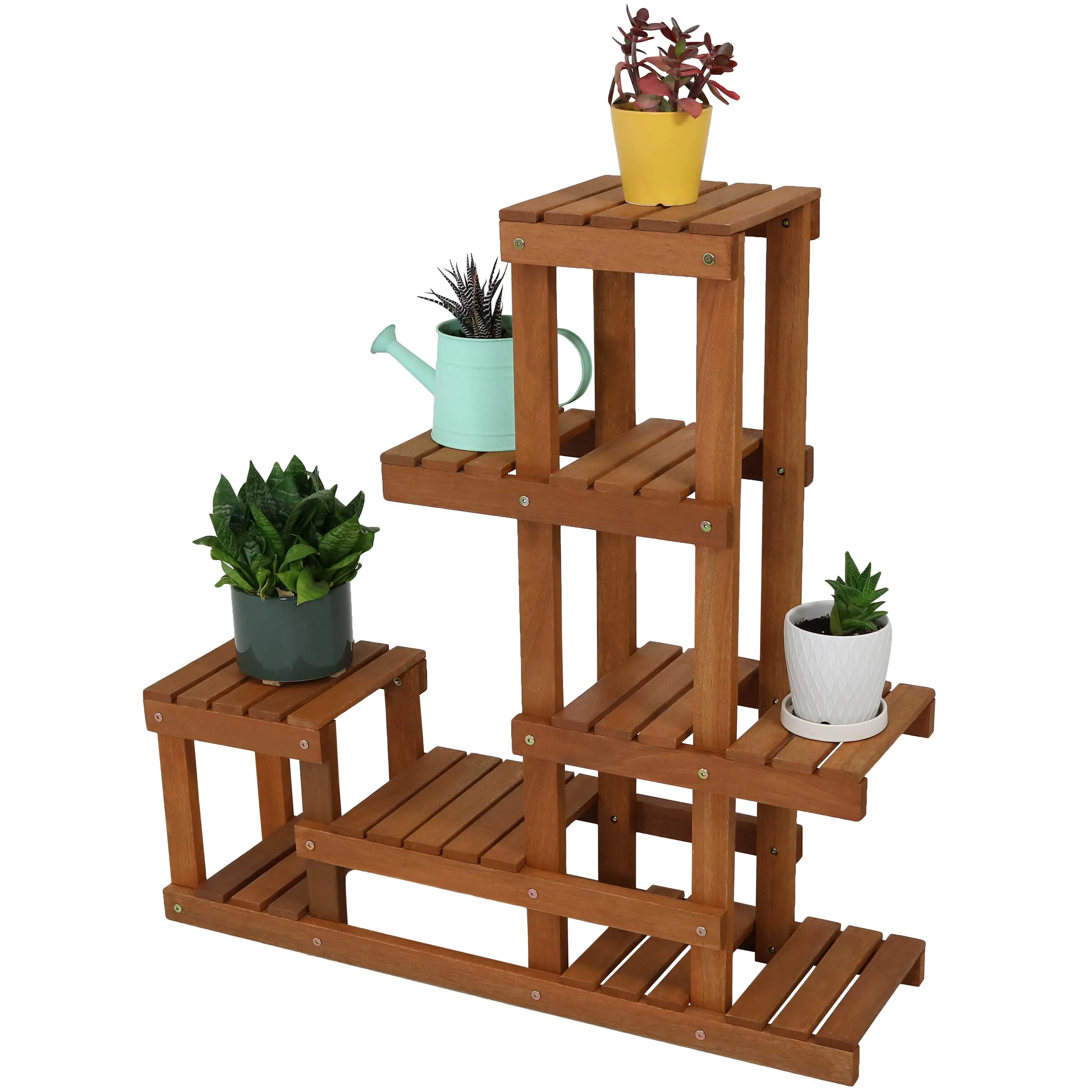 Sunnydaze Meranti Wood Multi-Tiered Plant Stand - Teak Oil Finish