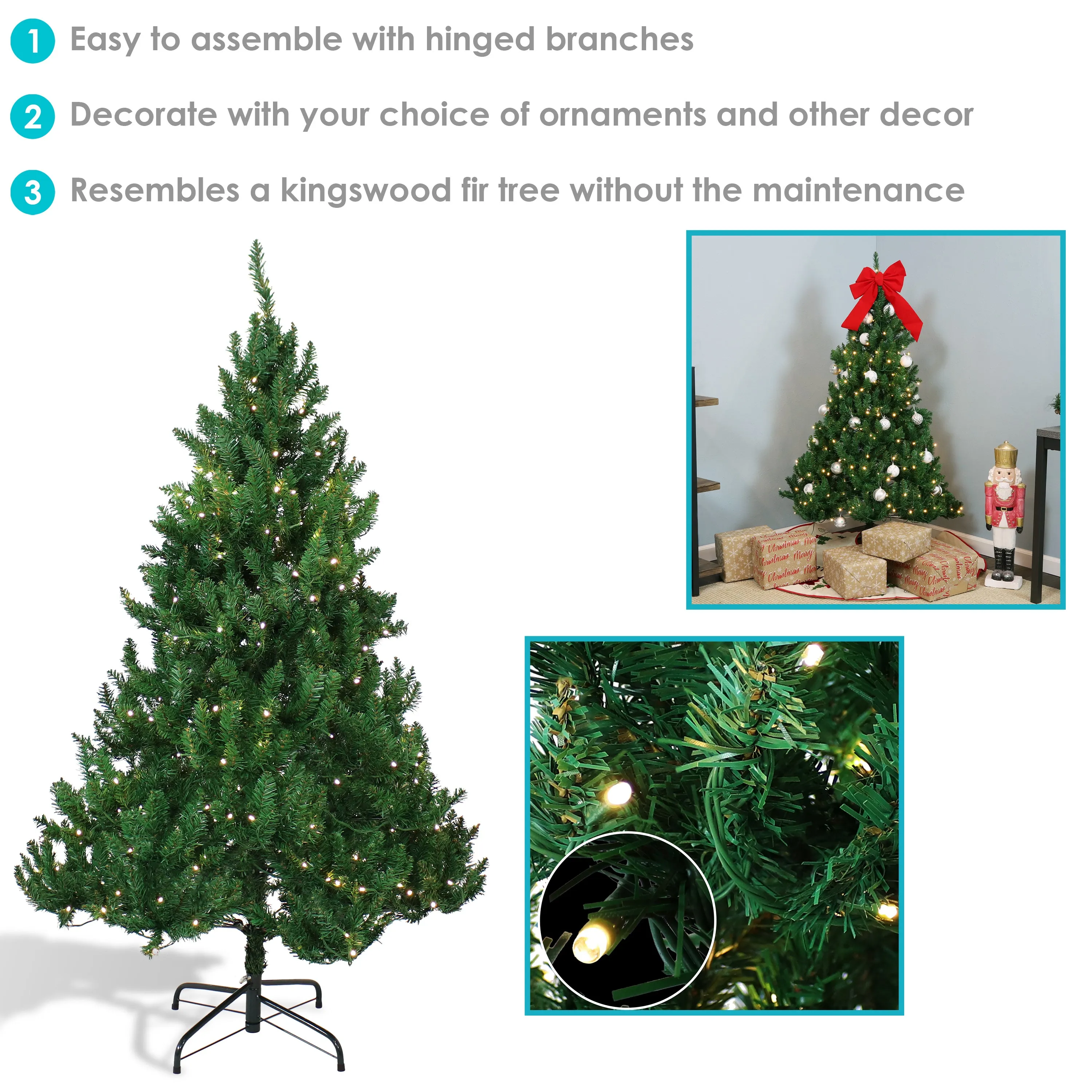 Sunnydaze Pre-Lit Artificial Christmas Tree with Hinged Branches and Stand