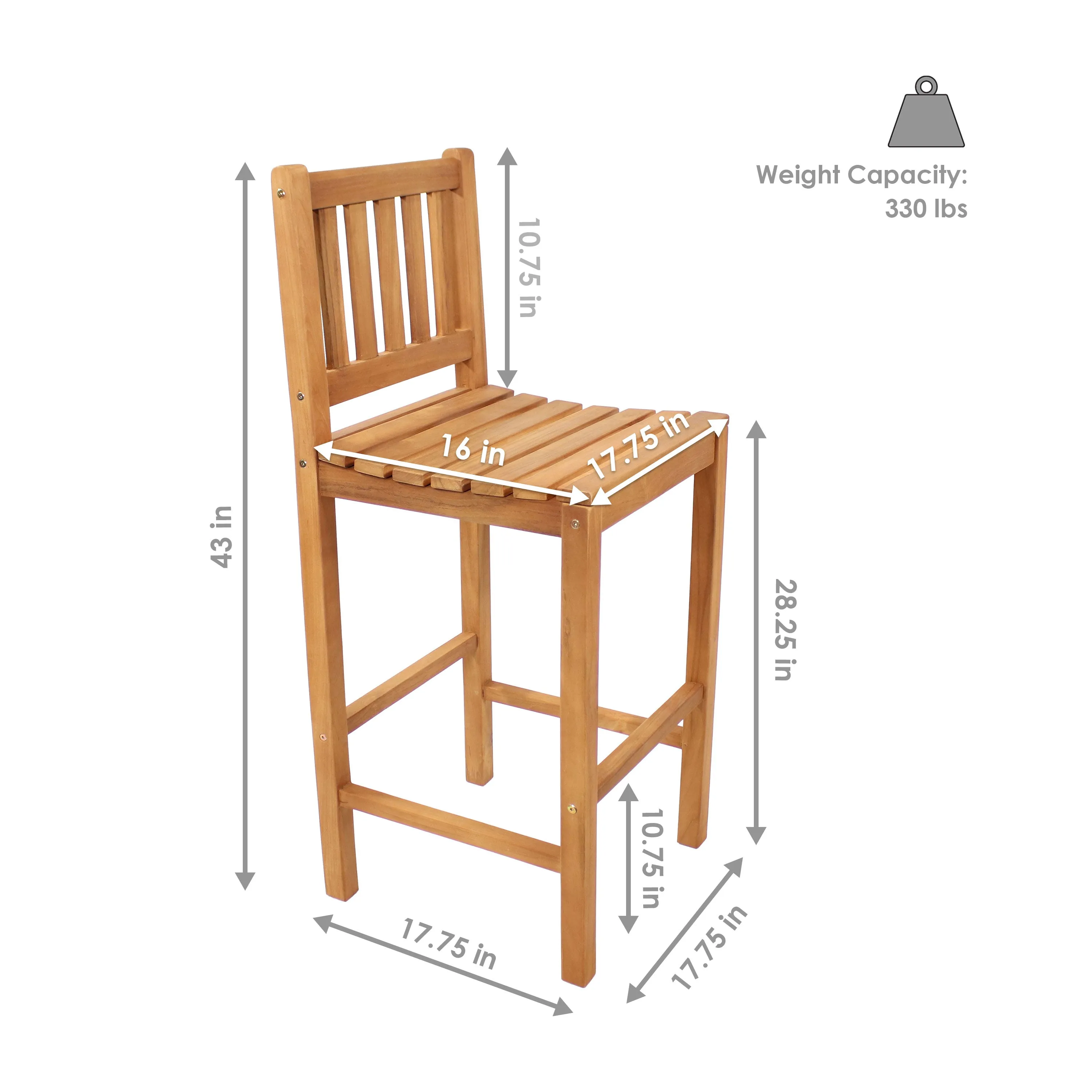 Sunnydaze Teak Wood Outdoor Bar-Height Chair - 43" H