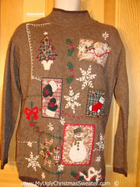 Tacky Brown Horrid Christmas Sweater with Plaid Themed Decoratins (f1383)