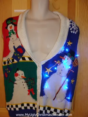 Tacky Christmas Sweater Vest with Lights Snowmen Mittens