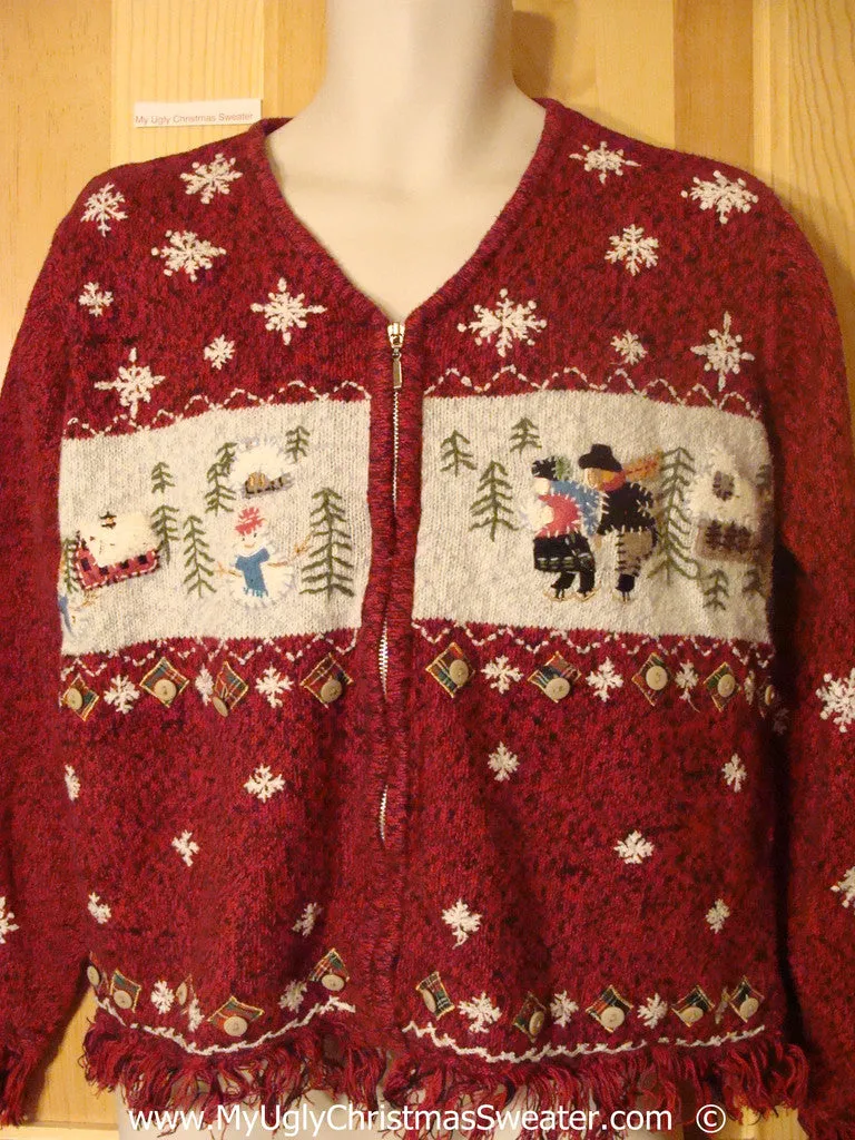 Tacky Fringed Christmas Sweater with Skating People (f1373)