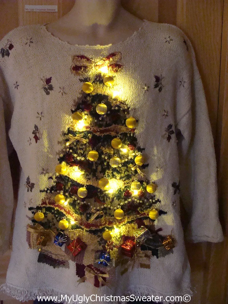 Tacky Ugly Christmas Sweater 80s Padded Shoulders Giant Tree with Lights and Fringe (g94)