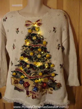 Tacky Ugly Christmas Sweater 80s Padded Shoulders Giant Tree with Lights and Fringe (g94)