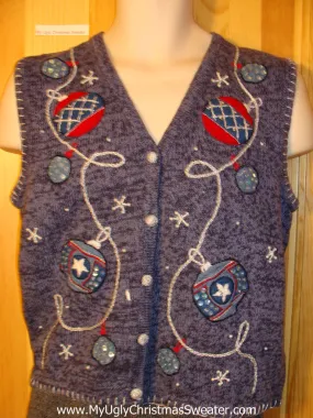 Tacky Ugly Christmas Sweater Vest with Ornaments and Snowflakes  (f707)