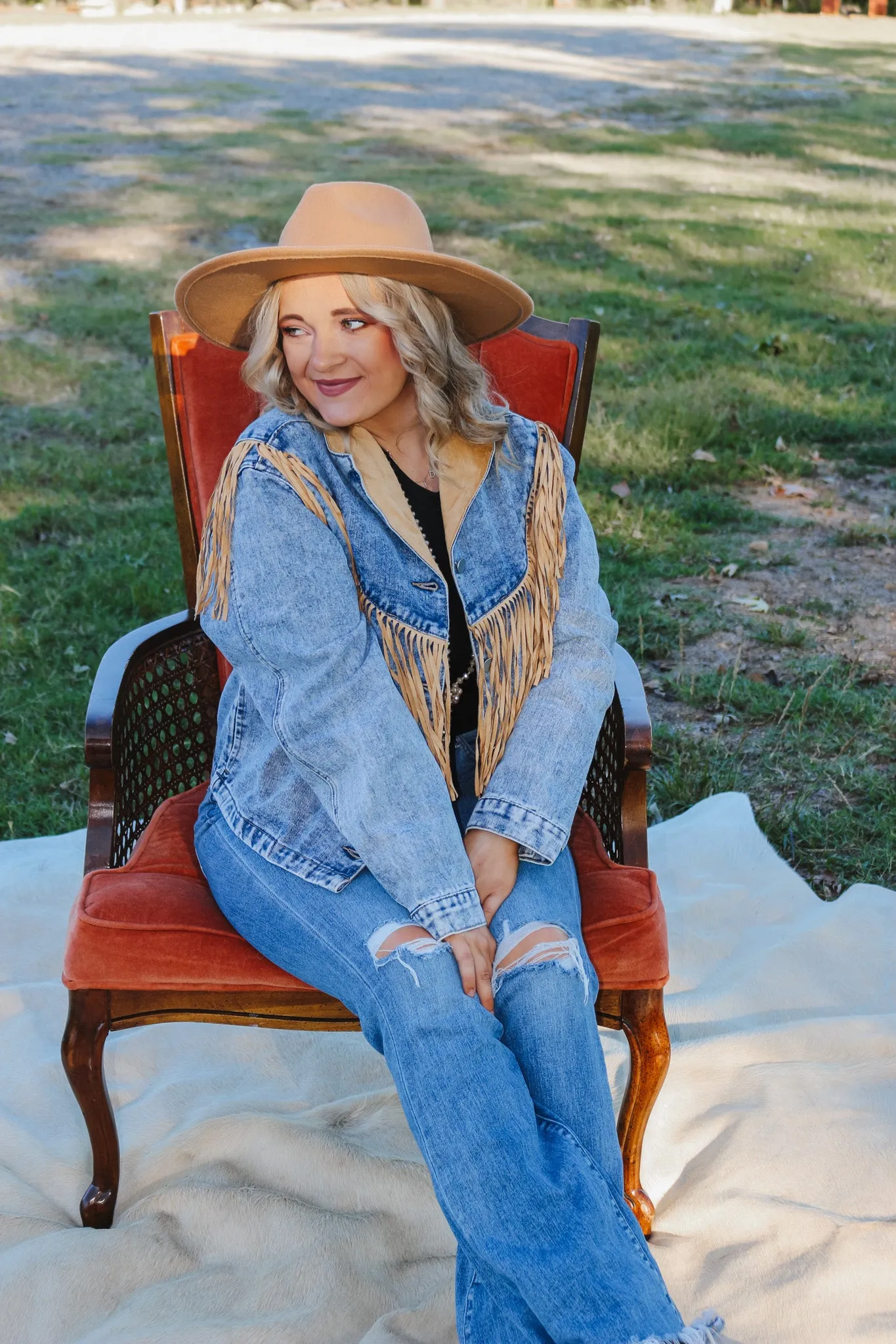 That's The Spirit Tan Fringe Western Denim Jacket