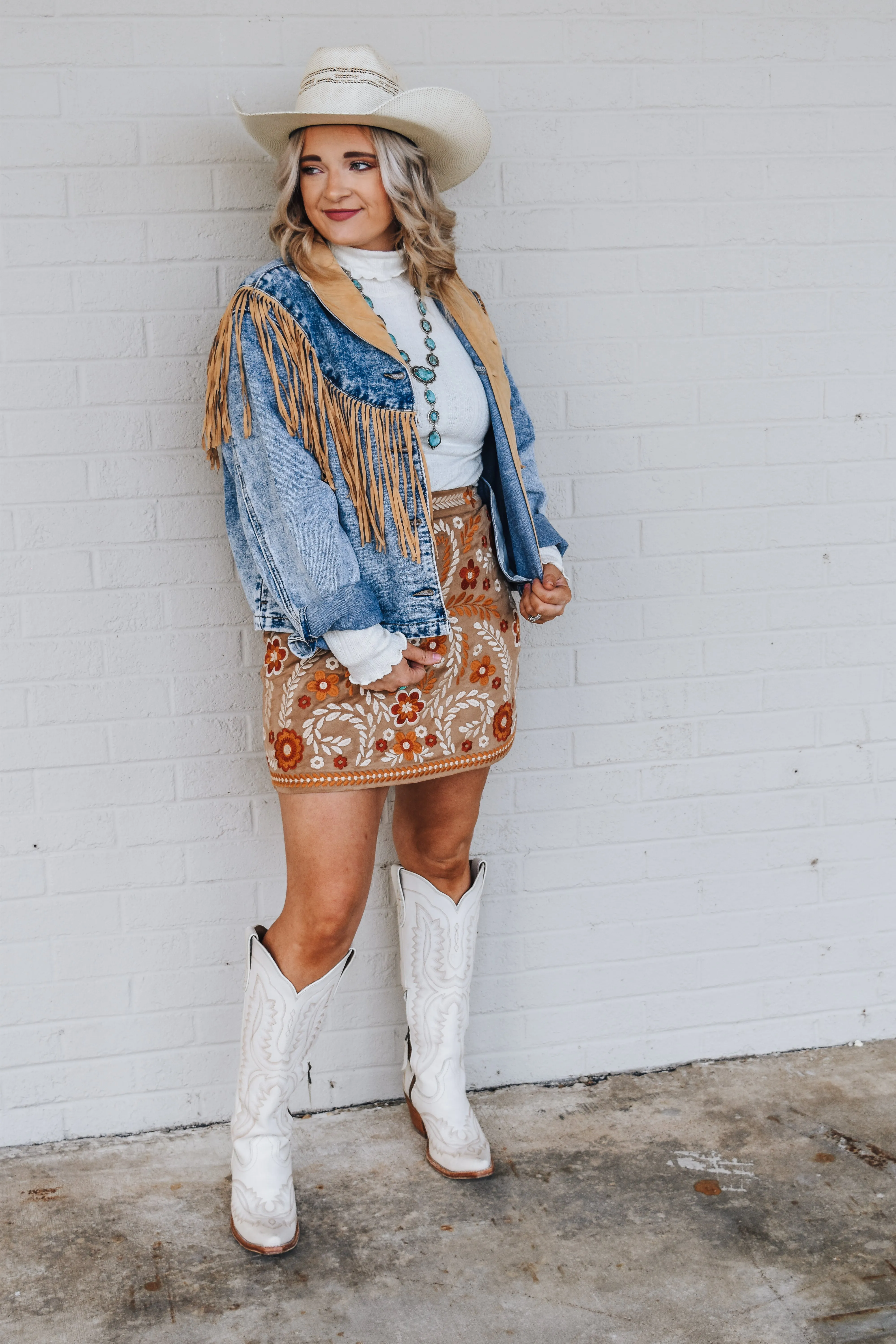 That's The Spirit Tan Fringe Western Denim Jacket