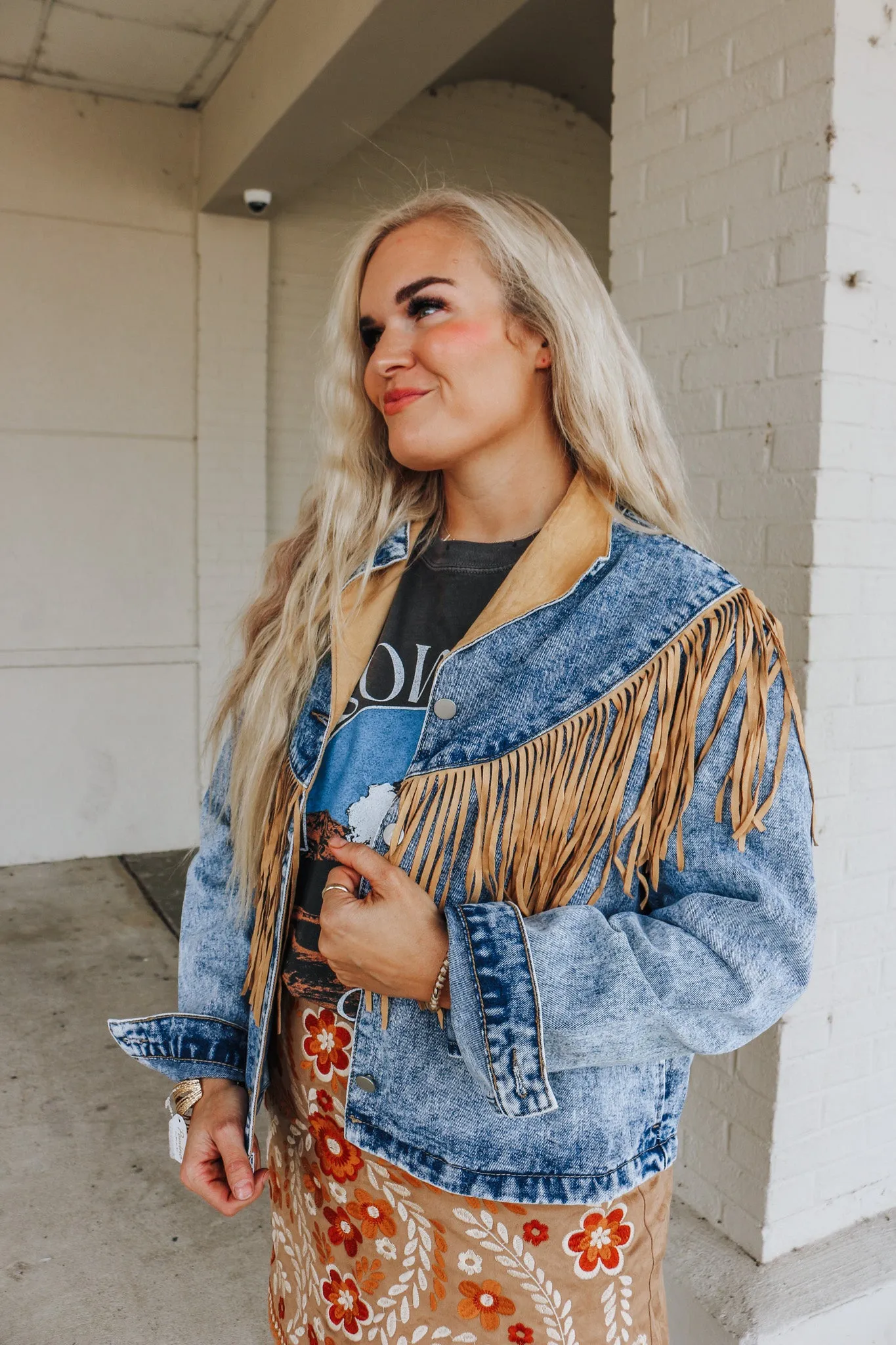 That's The Spirit Tan Fringe Western Denim Jacket