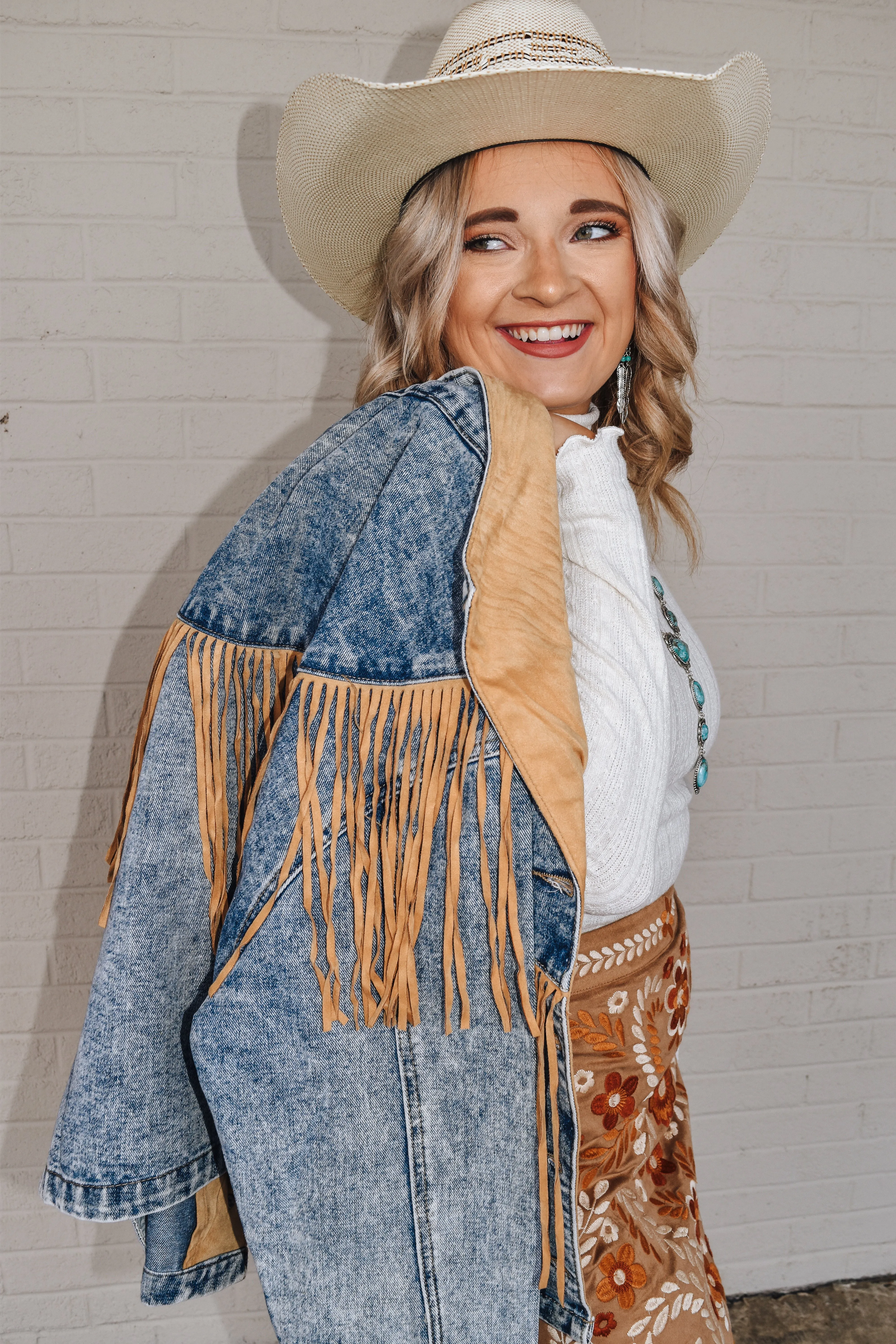 That's The Spirit Tan Fringe Western Denim Jacket