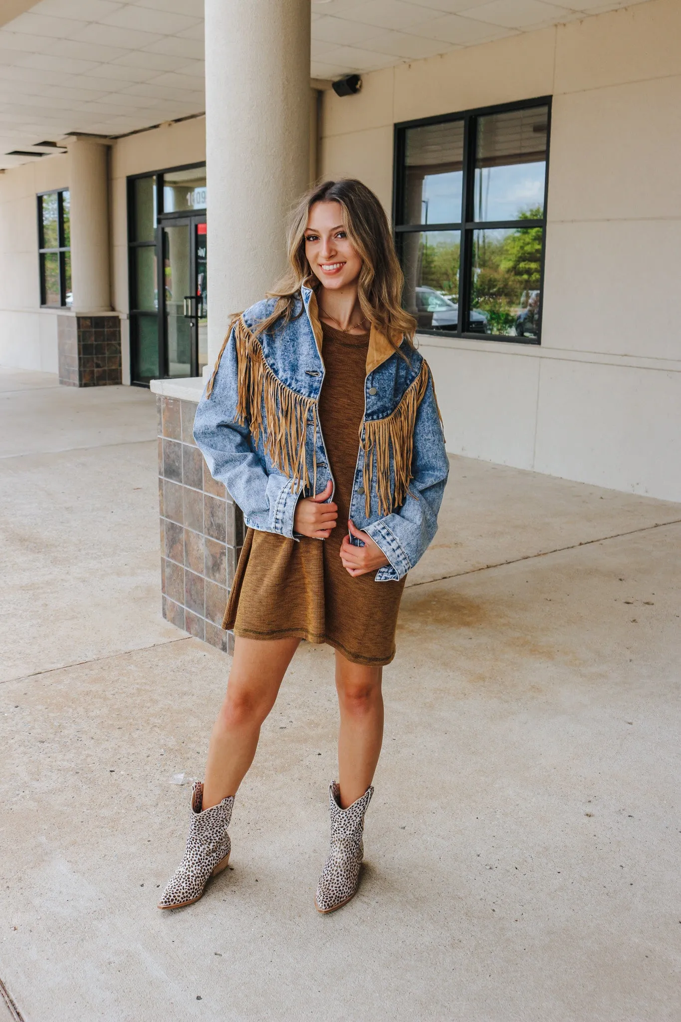 That's The Spirit Tan Fringe Western Denim Jacket