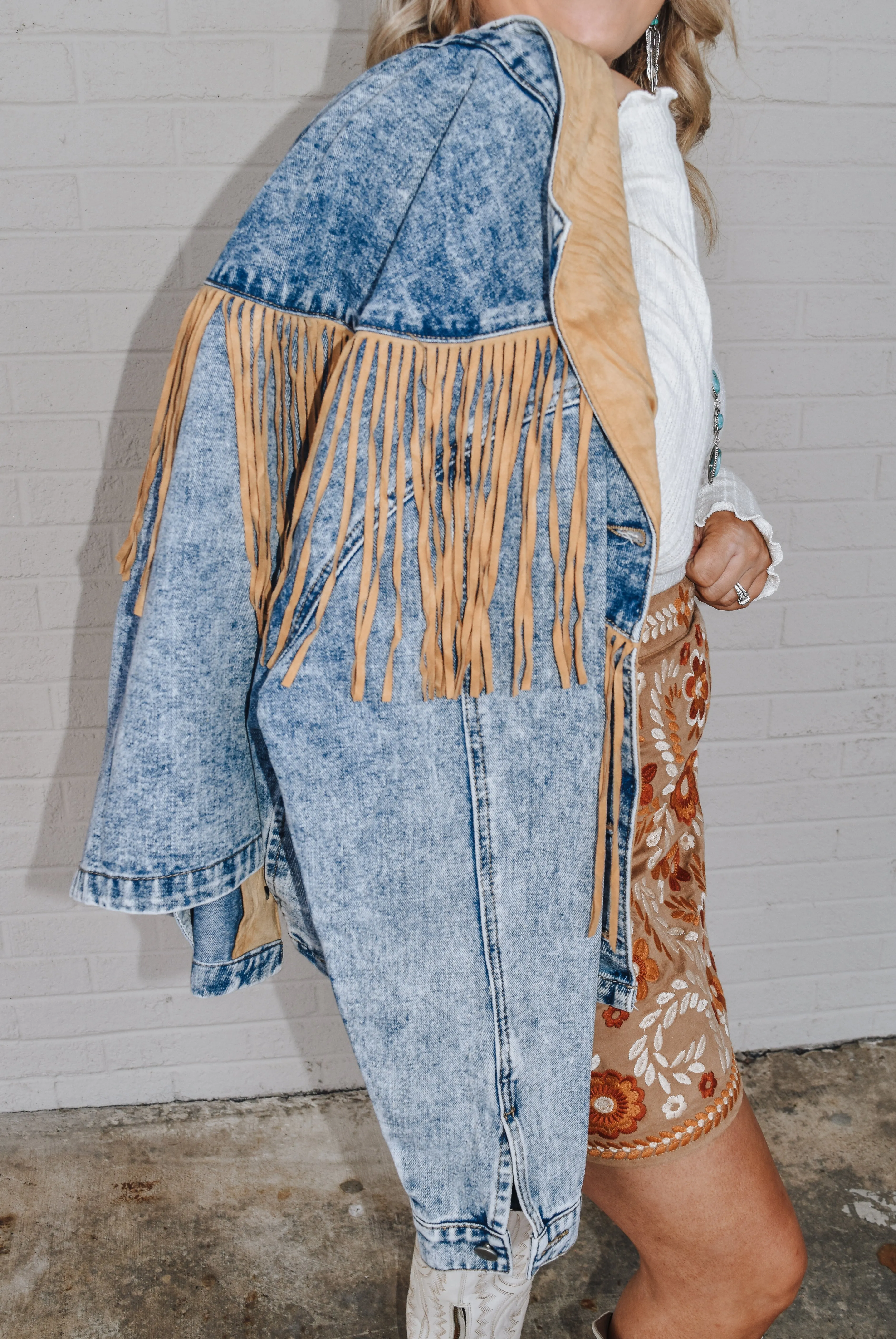 That's The Spirit Tan Fringe Western Denim Jacket