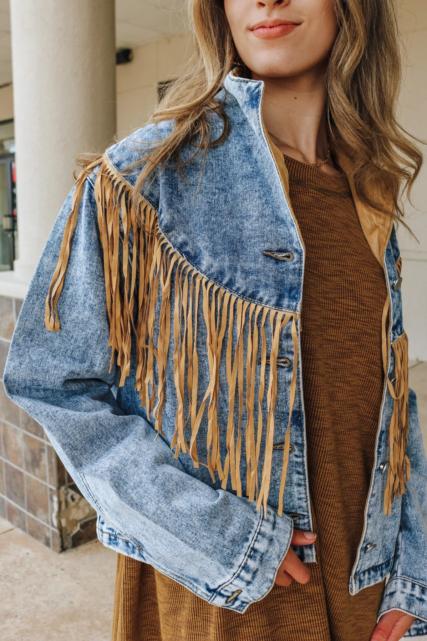 That's The Spirit Tan Fringe Western Denim Jacket