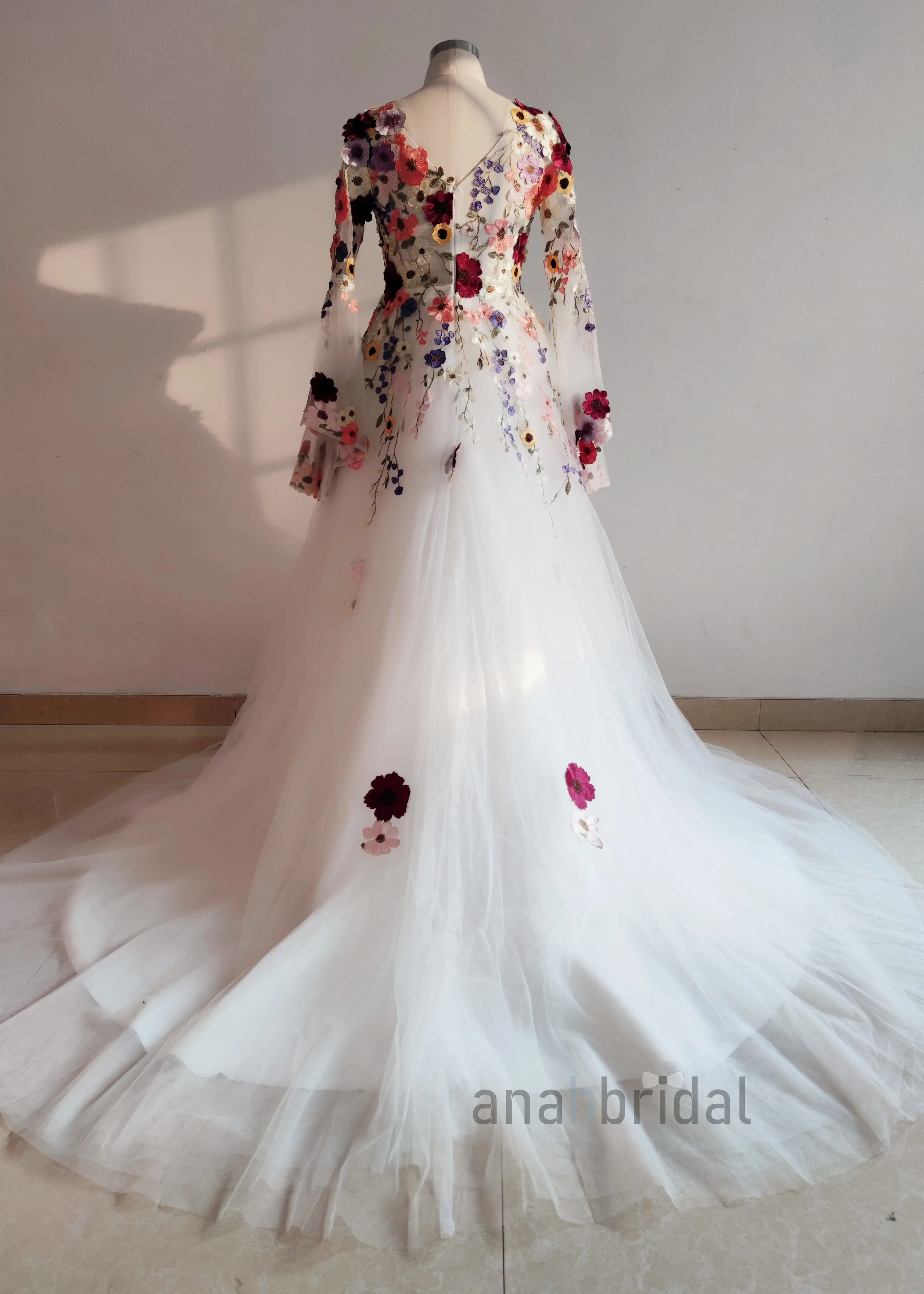 V Neck Floral Stunning White  Wedding Dress