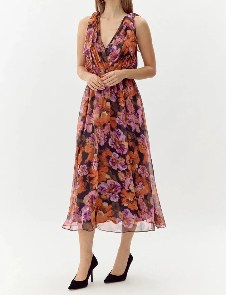 Vianka Tie Shoulder Chiffon Midi Dress