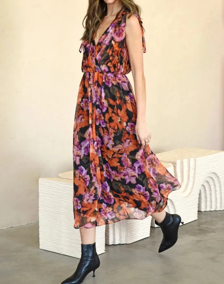 Vianka Tie Shoulder Chiffon Midi Dress