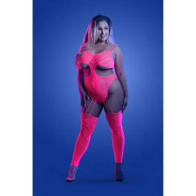 Wavelength Cutout Rhinestone Teddy Bodystocking -  Queen - Neon Pink