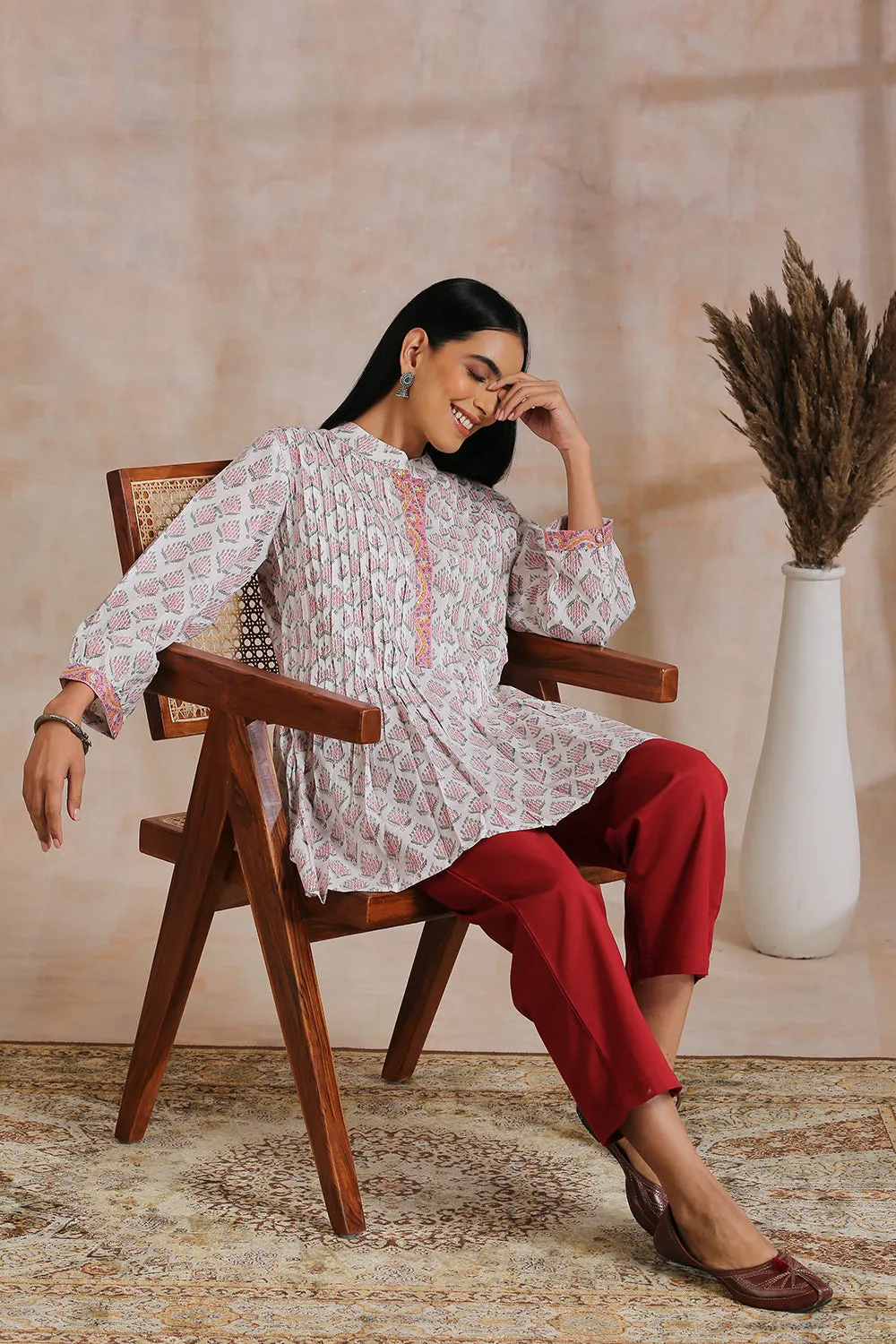 White Cotton Printed & Pleated Tunic Top