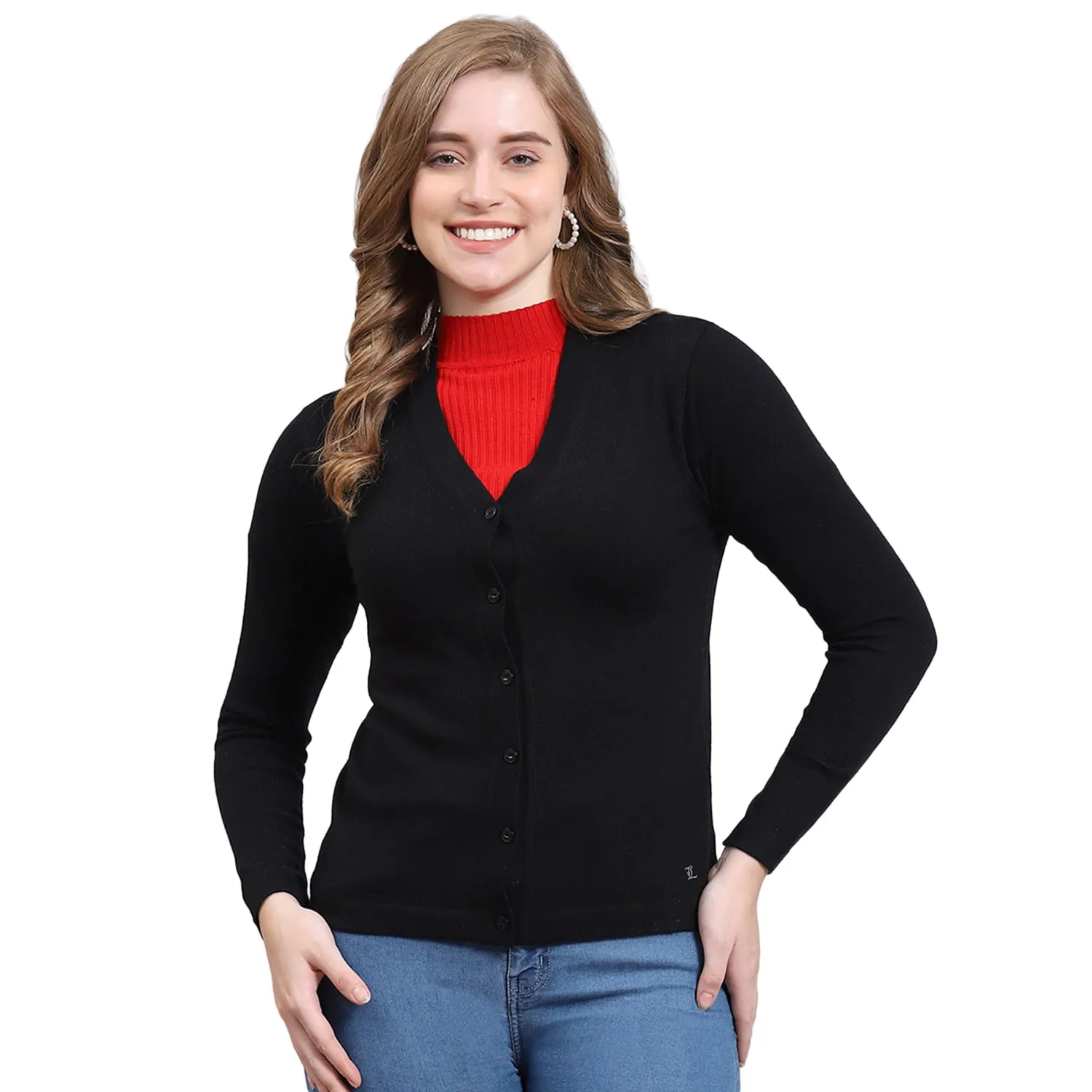 Women Black Solid V Neck Full Sleeve Cardigan