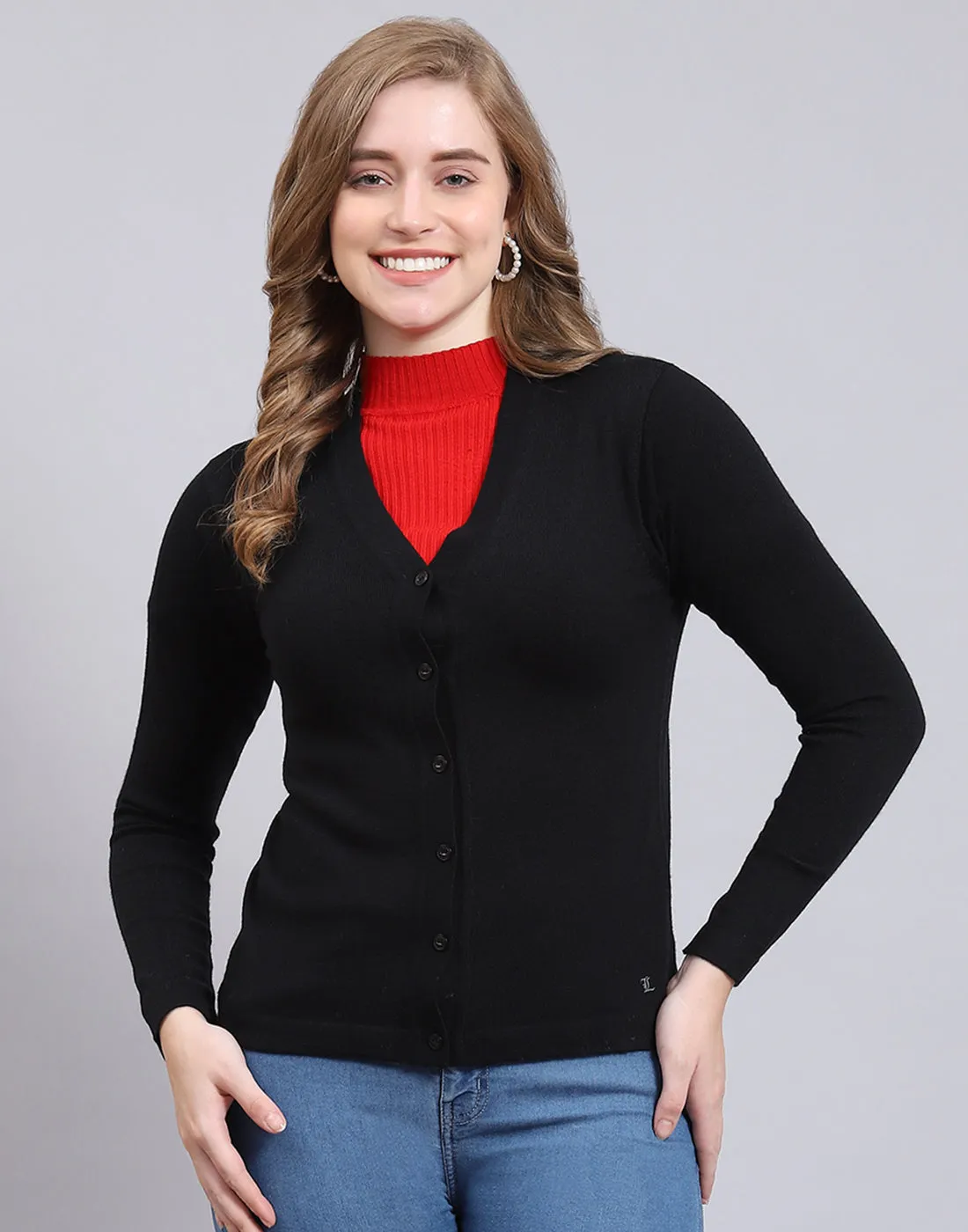 Women Black Solid V Neck Full Sleeve Cardigan