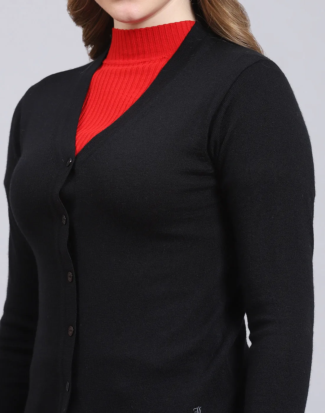 Women Black Solid V Neck Full Sleeve Cardigan