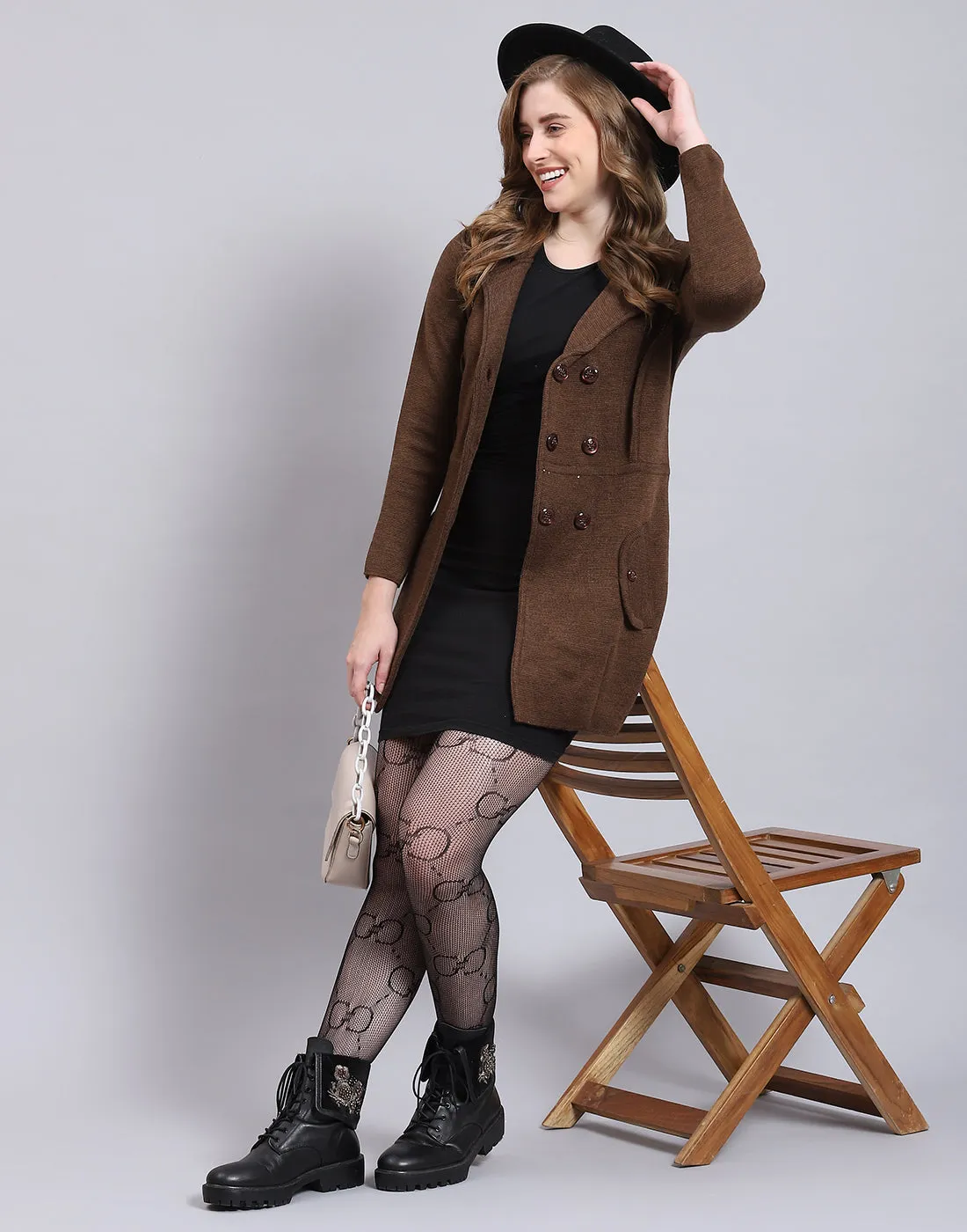 Women Brown Solid Lapel Collar Full Sleeve Cardigan