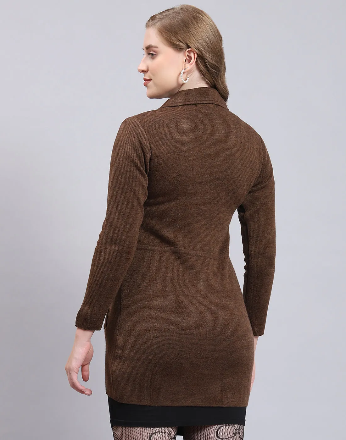 Women Brown Solid Lapel Collar Full Sleeve Cardigan