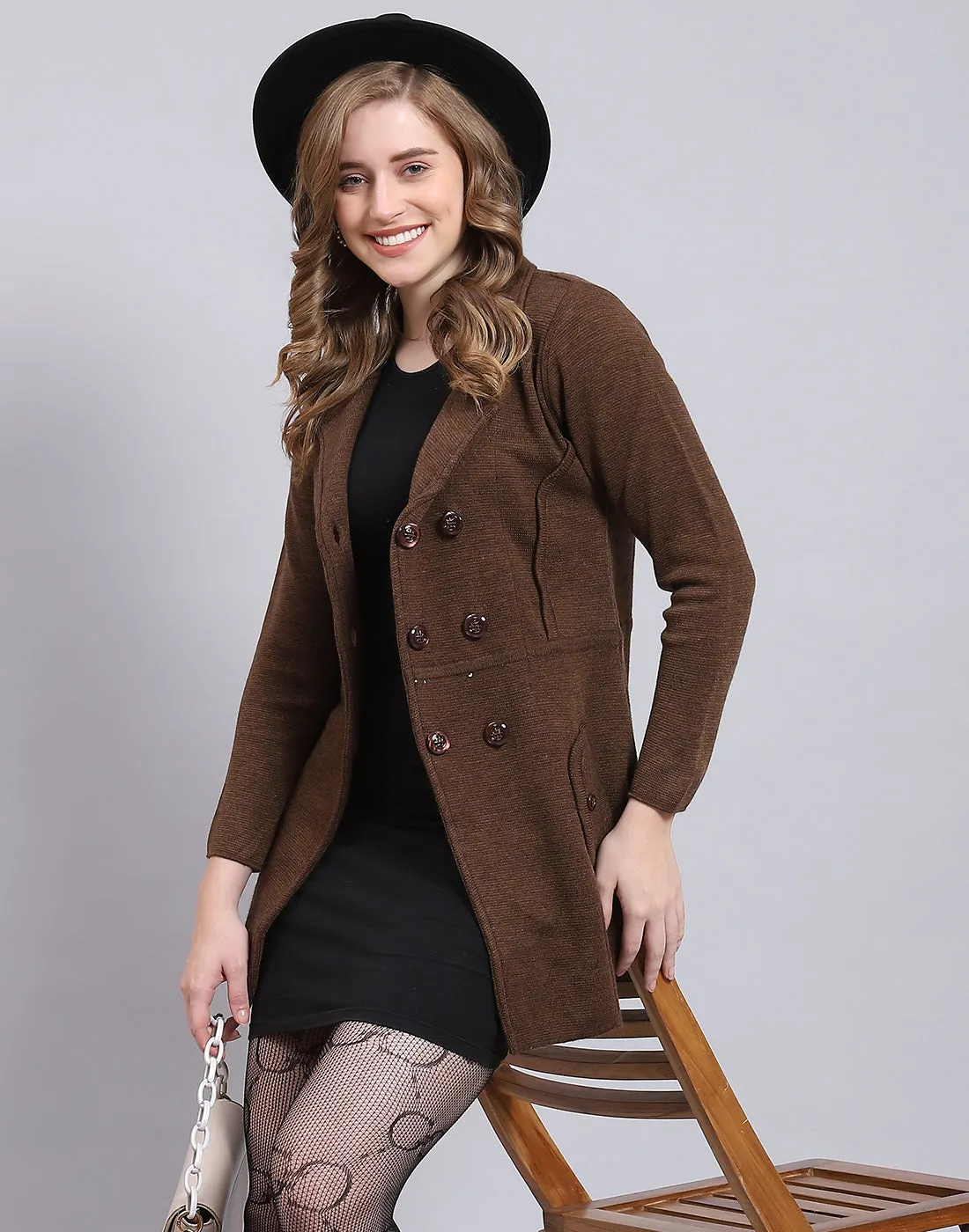 Women Brown Solid Lapel Collar Full Sleeve Cardigan