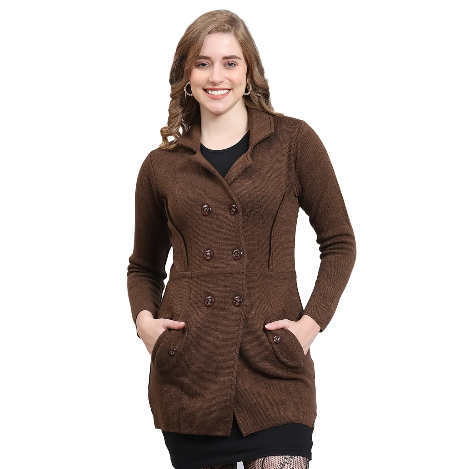 Women Brown Solid Lapel Collar Full Sleeve Cardigan