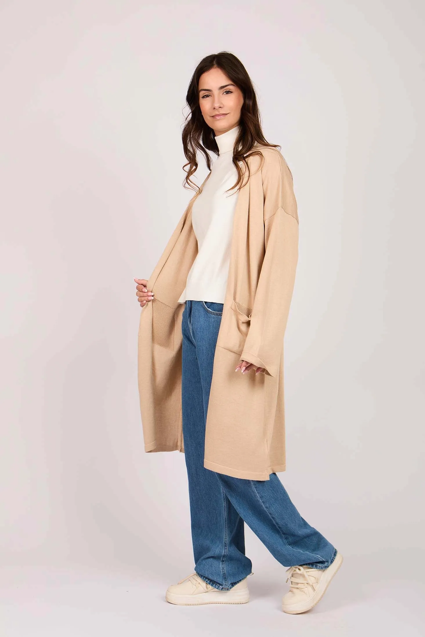 Women Long Buttoned Cardigan Beige