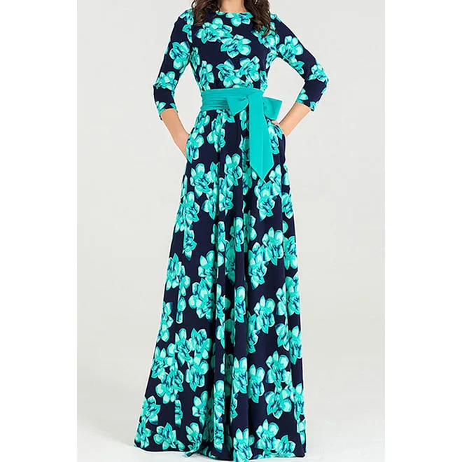 Women Long Length Soft Floral Printed Half Sleeve Ribbon Waist Dress - C2362ZWD