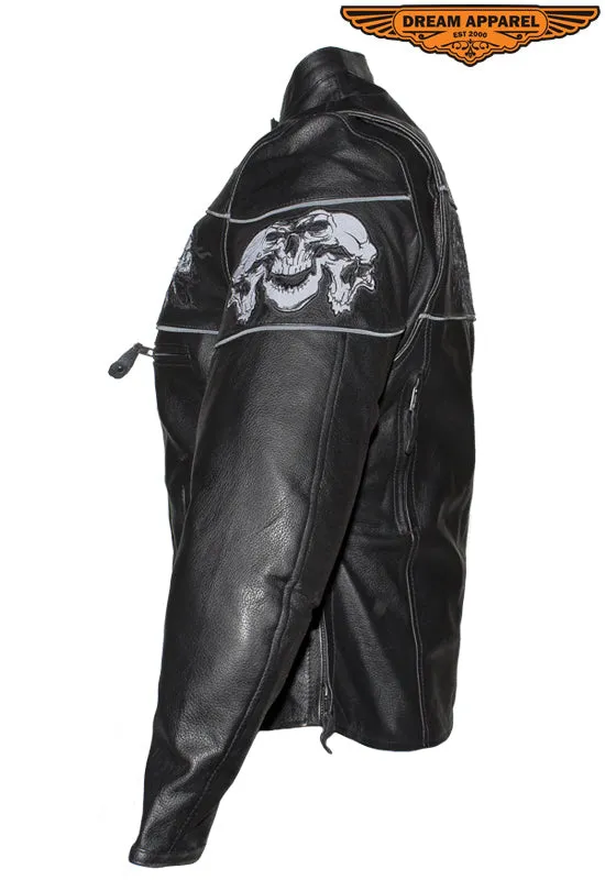 Womens Leather Motorcycle Jacket With Reflective Skulls