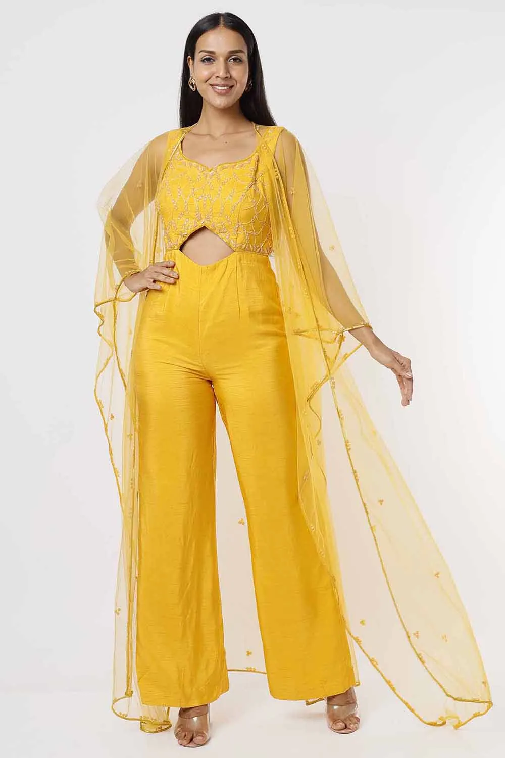 Yellow Embroidered Jumpsuit With Cape