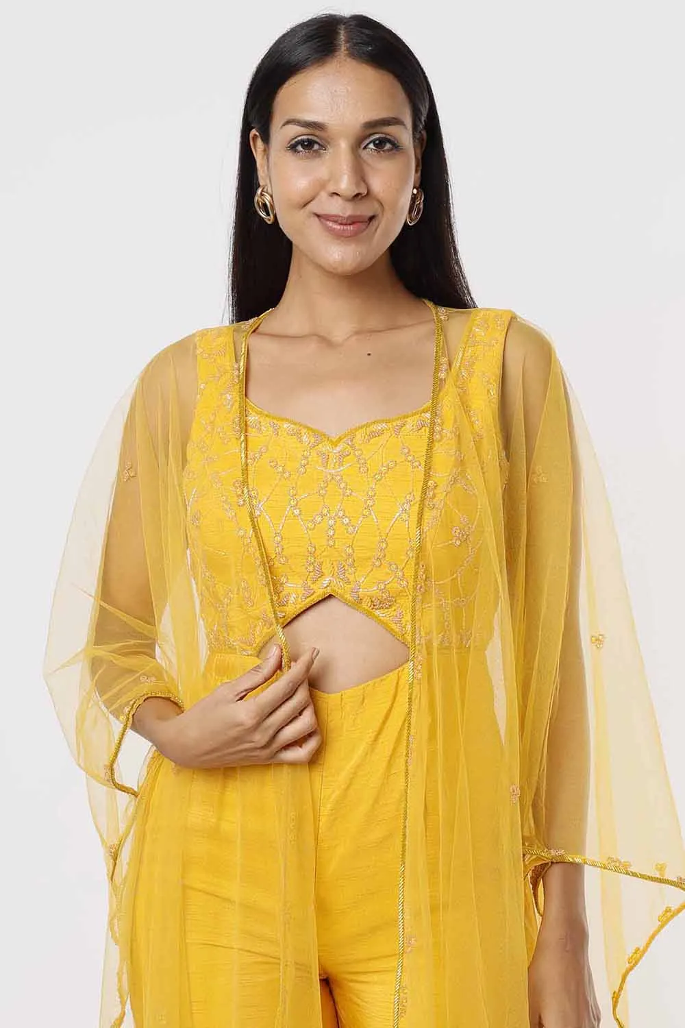 Yellow Embroidered Jumpsuit With Cape