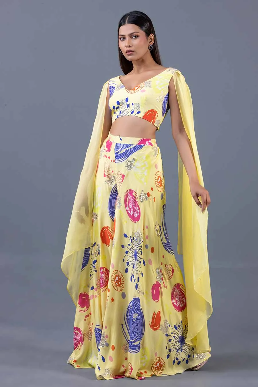 Yellow Printed Cape Top & Pant Co-Ord Set