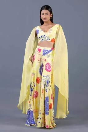 Yellow Printed Cape Top & Pant Co-Ord Set