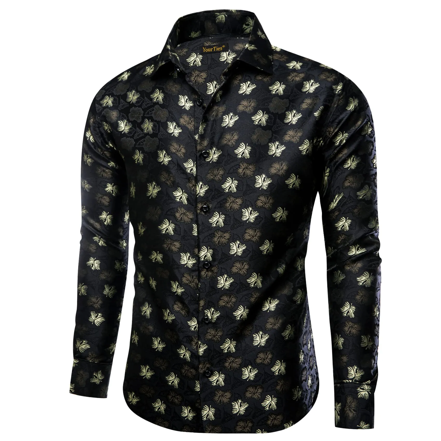 YourTies Black Shirt Jacquard Beige Tan Floral  Men's Button Up Shirt